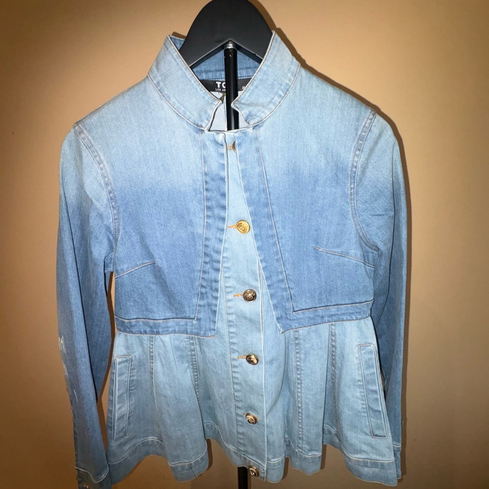 TOV Light Wash Denim Peplum Jacket